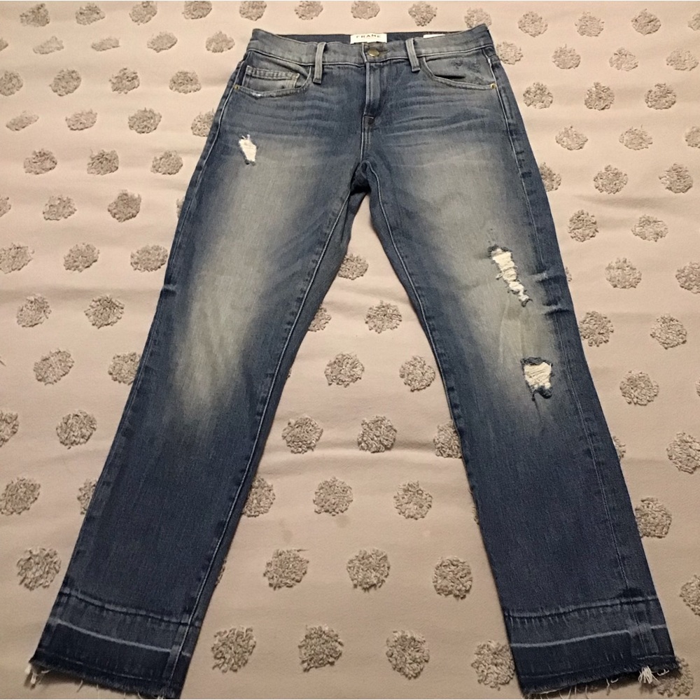Frame Le Boy Jeans.  Distressed, Raw Hem, Size 24 in Klinedale Wash